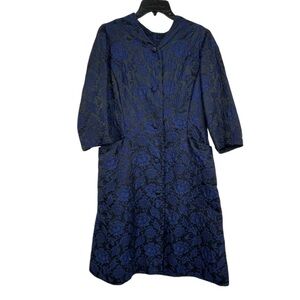1950s Handmade Navy Floral Brocade Dress Coat Couture Saks Fifth Ave Seamstress